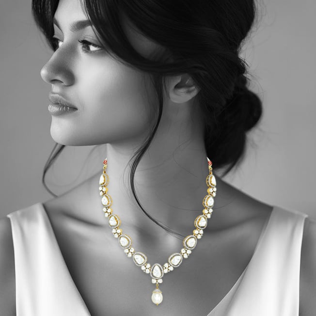 Teardrop Polki Necklace with Diamonds and Pearl Drop
